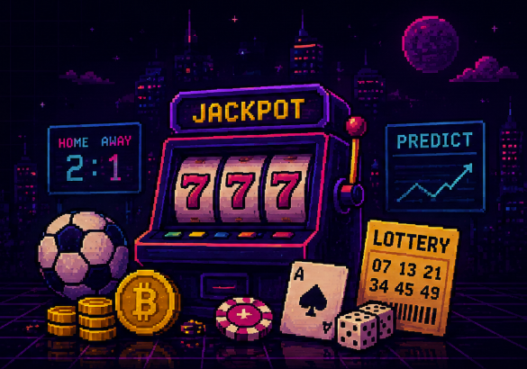 Pixel art casino collage with slot machine, football, prediction board and lottery ticket